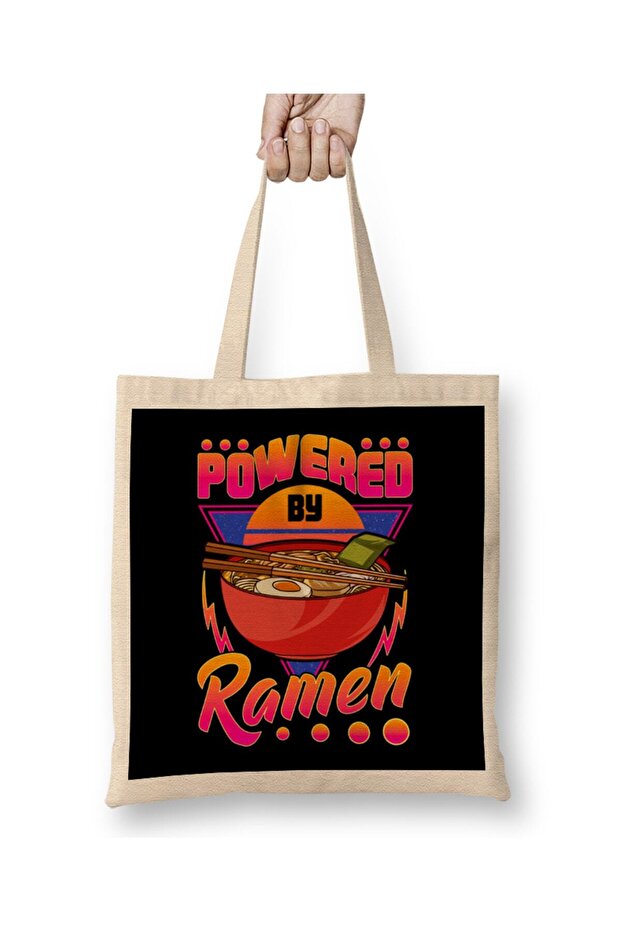 Funny Powered By Ramen Cute Anime Kawaii Gamer Tote Bag Long Handle