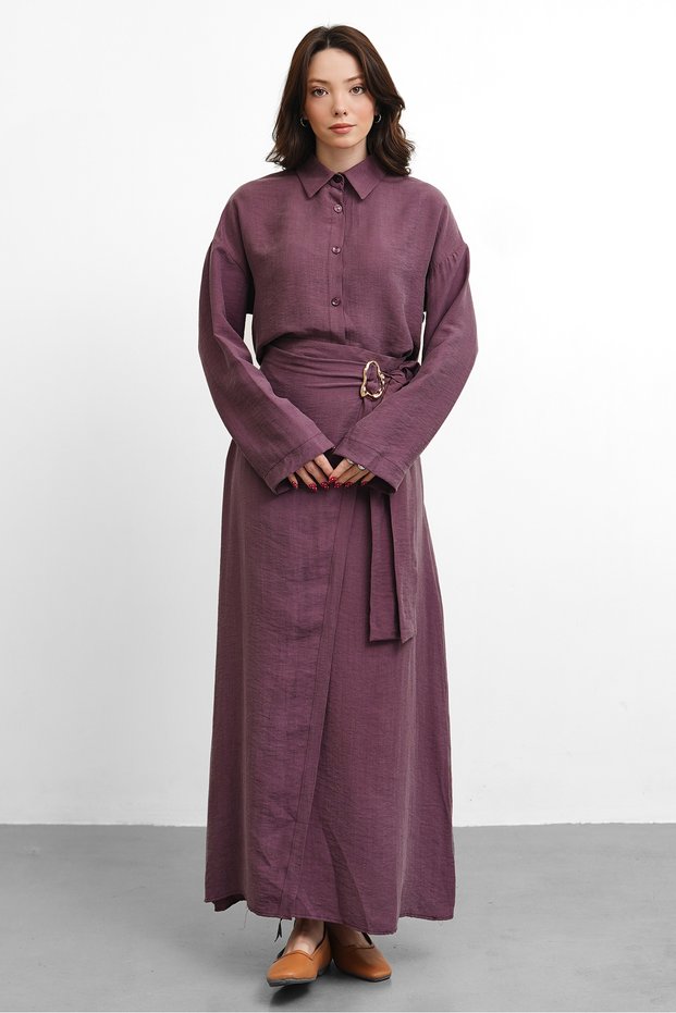 Molly Nelly Women's Soft Fabric Shirt and Buckle Skirt Set