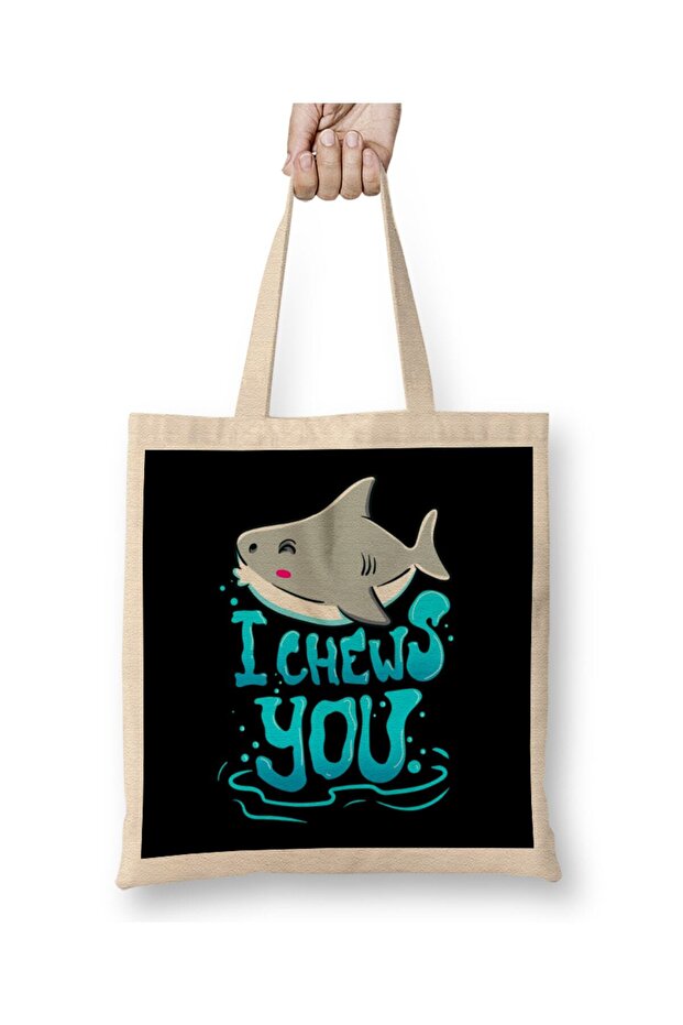 Cute & Funny I Chews You Shark Chooses You Pun Tote Bag Long Handle