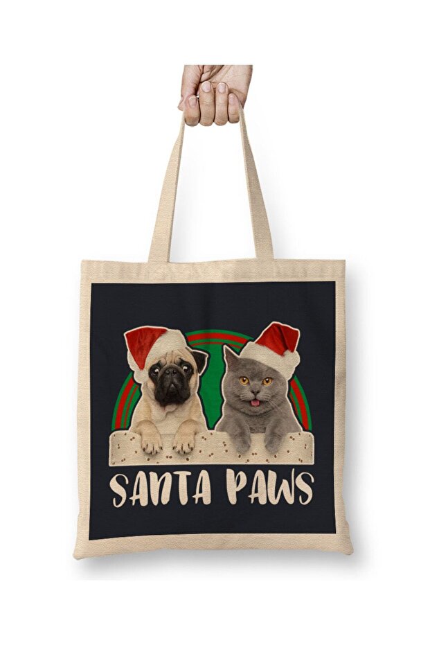 Santa Paws Christmas Pug And Cat Tote Bag Long Handle