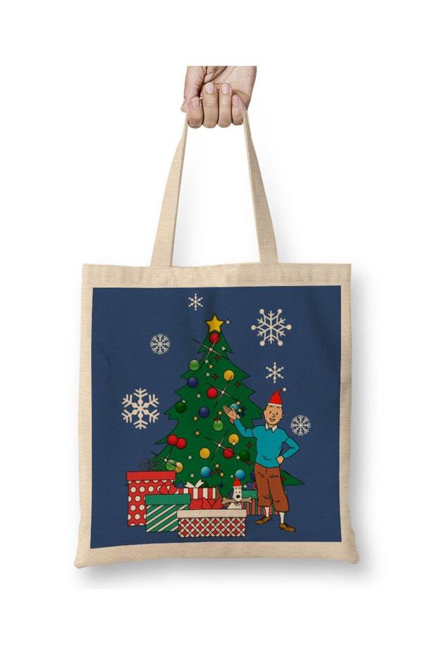Tintin And Snowy Around The Christmas Tree Tote Bag Long Handle