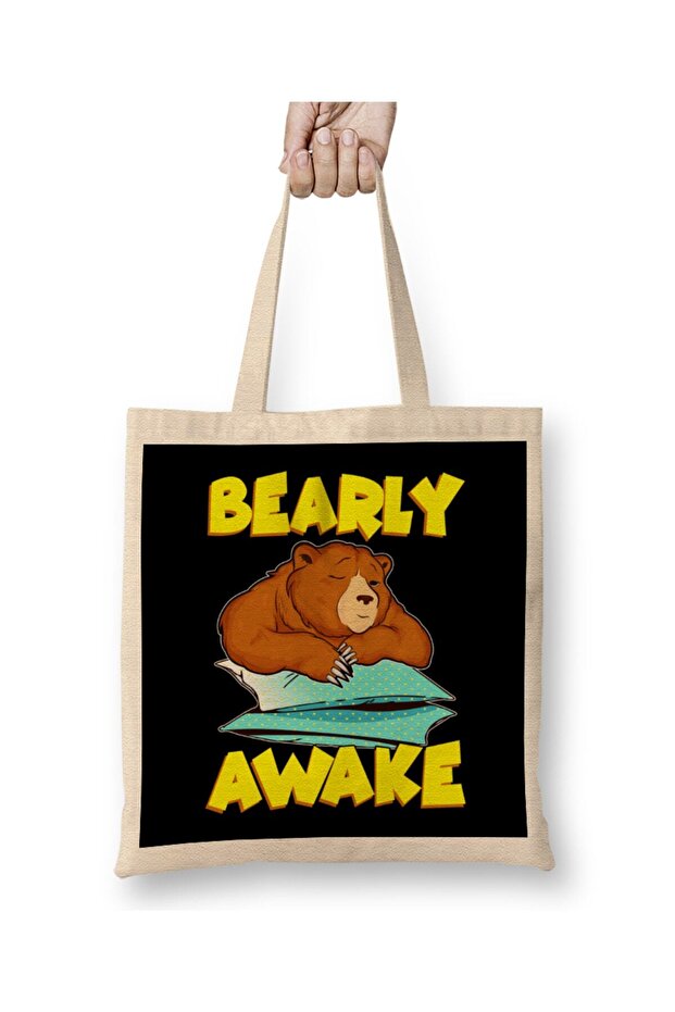 حقيبة حمل من Bearly Awake Sleeping Bear Funny Barely Awake Pun بمقبض طويل