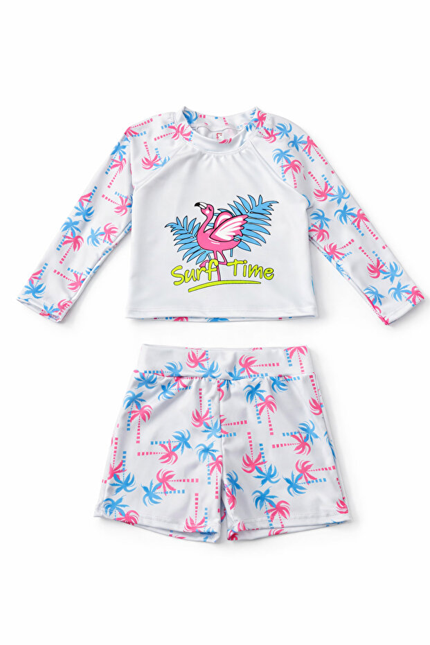 Flamingo Printed Long Sleeve Girls' Swimsuit