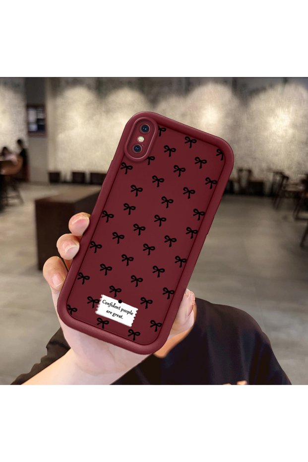 iPhone XS Compatible Shockproof Simple Claret Red Silicone Phone Case Bow Pattern