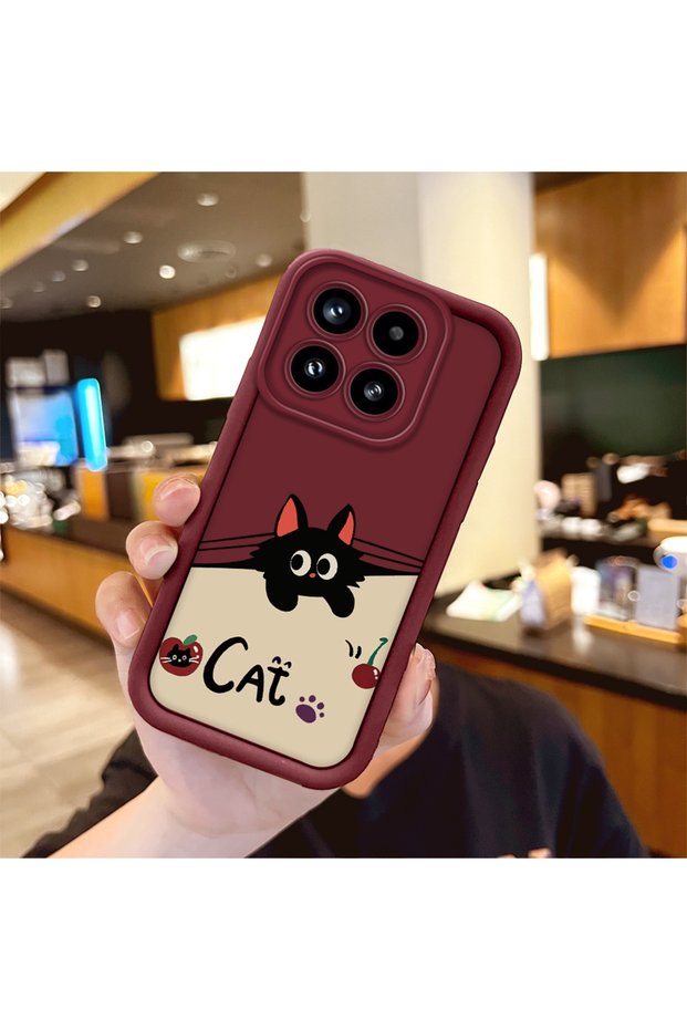 Mi 15 5g Compatible Shockproof Simple Claret Red Silicone Phone Case Cat Pattern