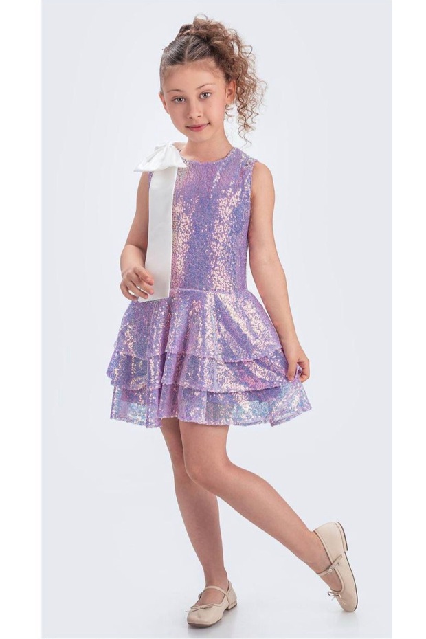 Satin Ribbon Detailed Sequin Costume Party Girl's Dress