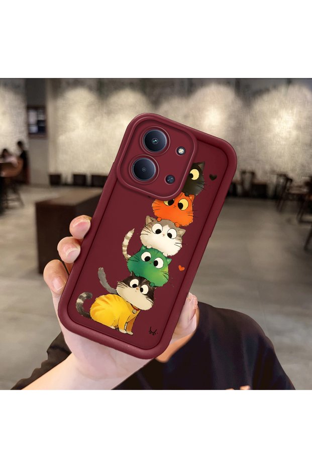 Simple Claret Red Silicone Phone Case for Redmi 15C 4g Compatible Cat Pattern Shockproof