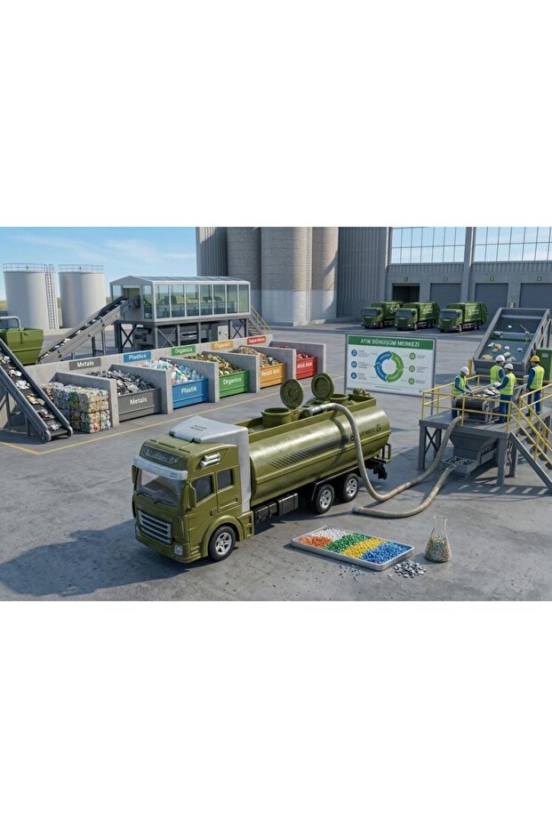 Pull and Drop 19cm Construction Vehicle Themed Tanker Detailed Tanker with Openable Covers Toy Truck Green