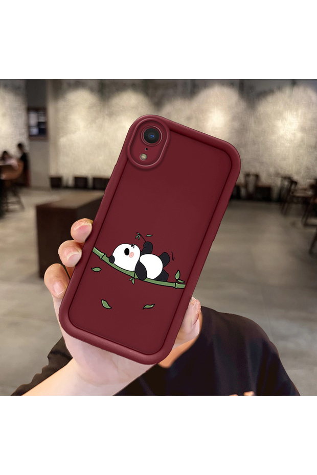 iPhone Xr Compatible Panda Pattern Shockproof Simple Claret Red Silicone Phone Case