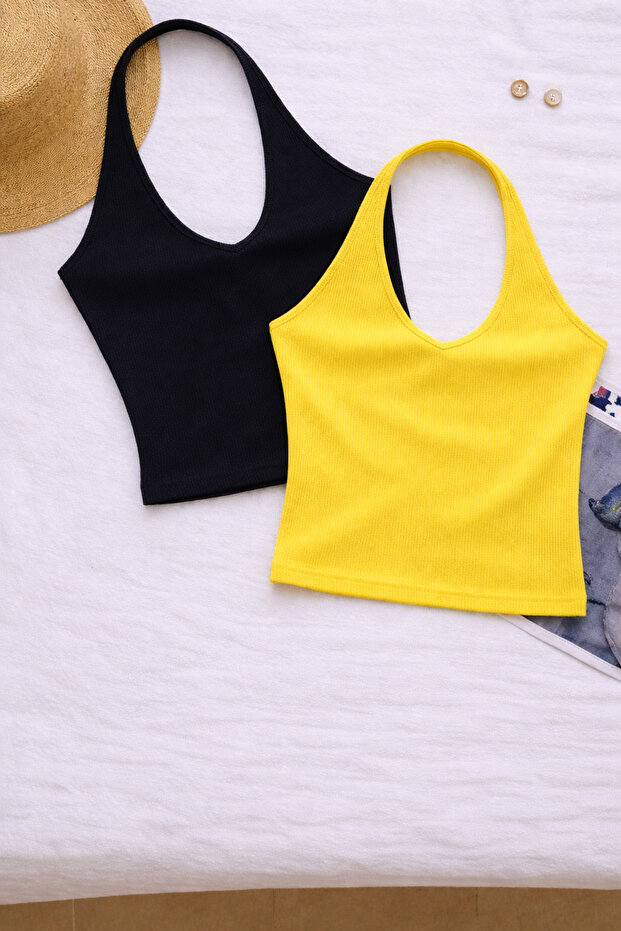Women's Cross Halter Neck Sleeveless 2-Piece Ribbed Crop Basic Athlete Blouse