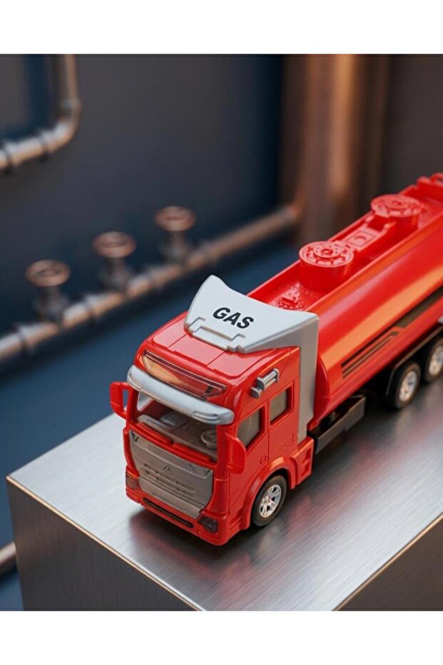 Pull and Drop 19cm Construction Vehicle Themed Tanker Detailed Tanker with Openable Covers Toy Truck Red