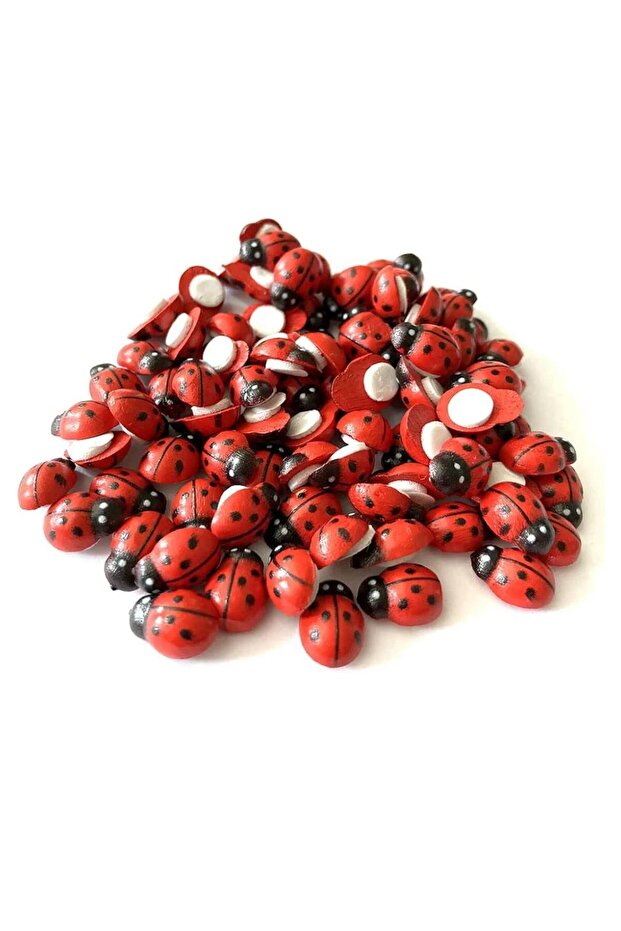 50 Pcs Wooden Red Mini 9*13 mm Ladybug Adhesive Stiker Label Beads