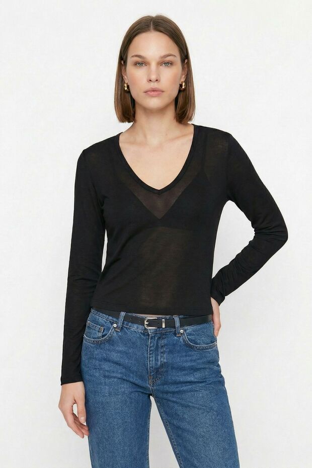 Black V-Neck Transparent Blouse 0418 - 1