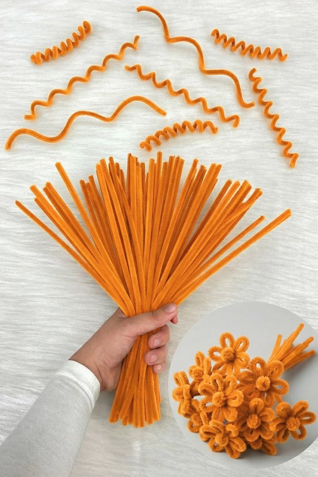100 Pieces Orange Chenille 30cm, Fuzzy Plush Velvet Wire, Handicraft, Flower, Gift, Decoration, School, Event