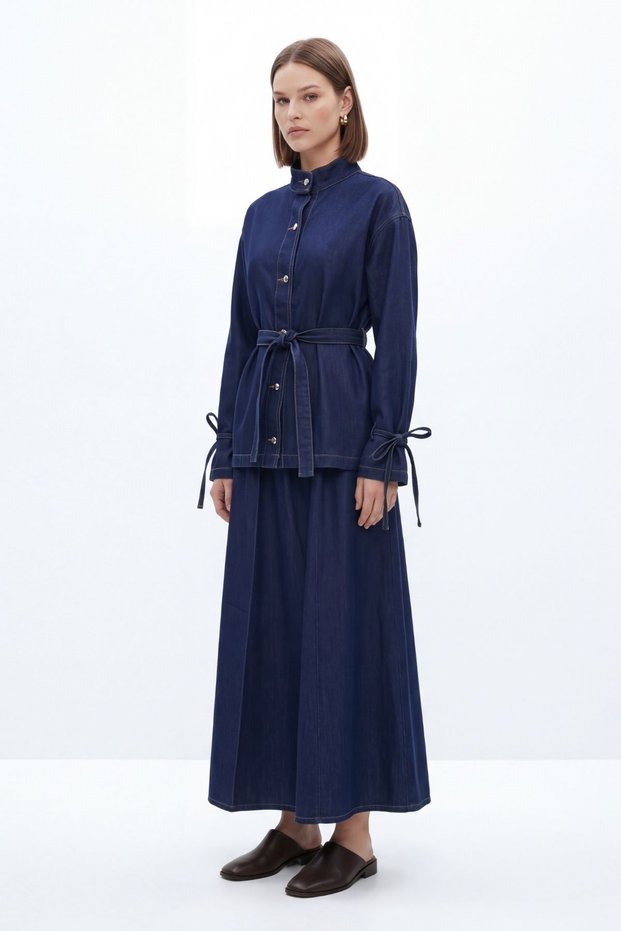 Laci Balon Sleeve Belted Jacket Skirt Set 0097