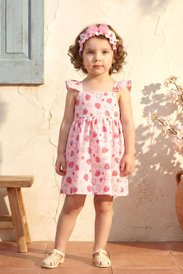 Baby Girl Dress Summer Strawberry Patterned Bandana Bow Detail Light Pink