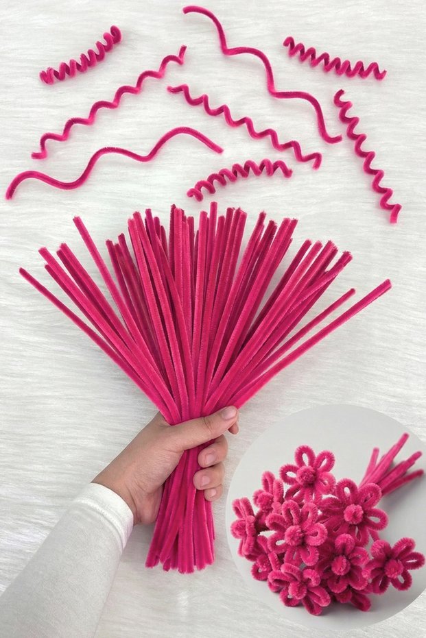 100 Pieces of Fuchsia Chenille 30cm, Furry Plush Velvet Wire, Handicraft, Flower, Gift, Decoration, School, Event