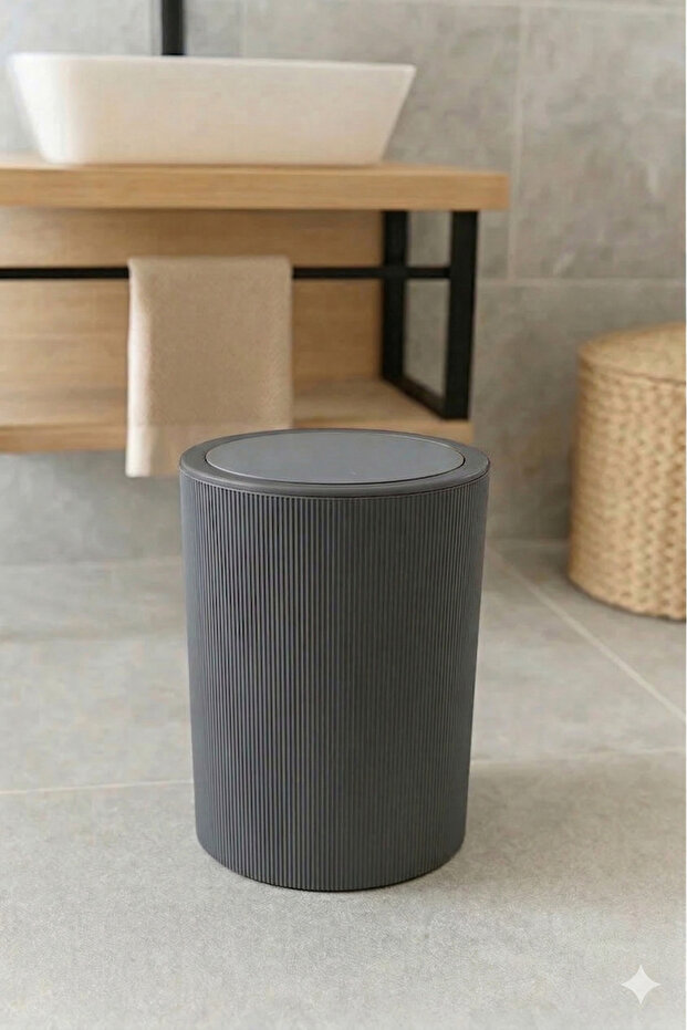 Liza Anthracite Gray Striped Round Bathroom Trash Can - Kitchen Trash Bin - Office Trash Can 5 Liters