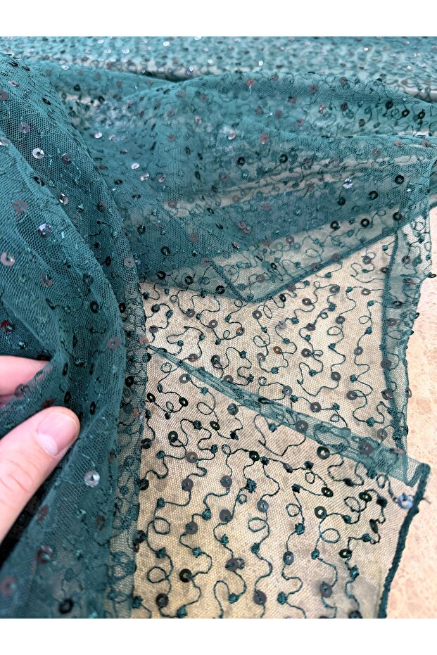 Emerald Green Sequined Tulle Fabric - 150 cm Wide - Chain Embroidered Fabric for Evening Dresses and Gowns