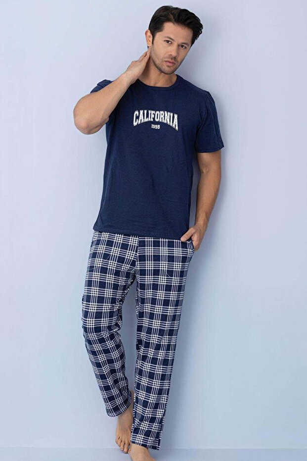Men's California Slogan Short Sleeve Long and Plaid Patterned Pajama Set Navy Blue
