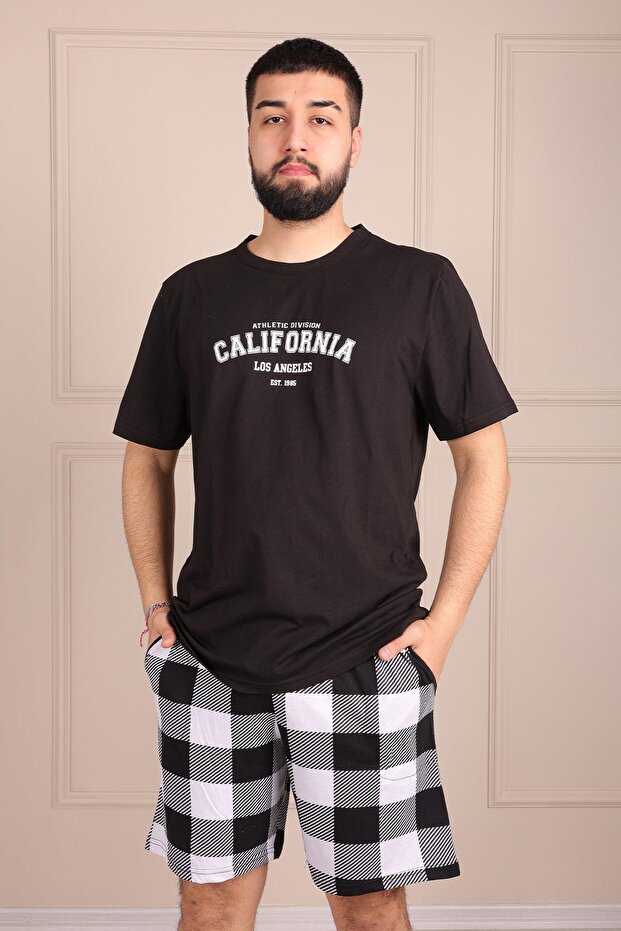 Men's California Slogan Short Sleeve Shorts Pajama Set Black