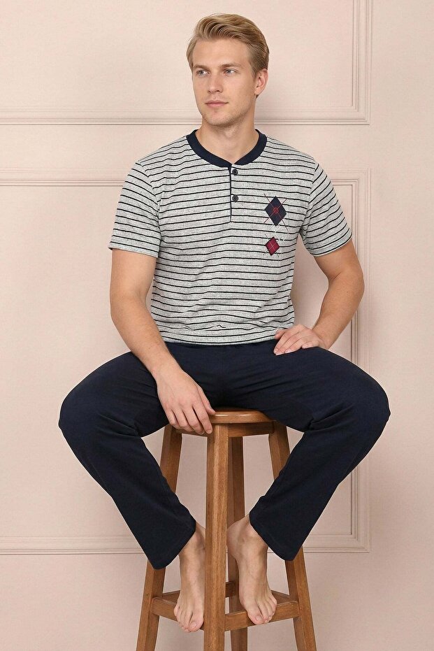 Men's Chest Motif Embroidered Short Sleeve Long Pajama Set