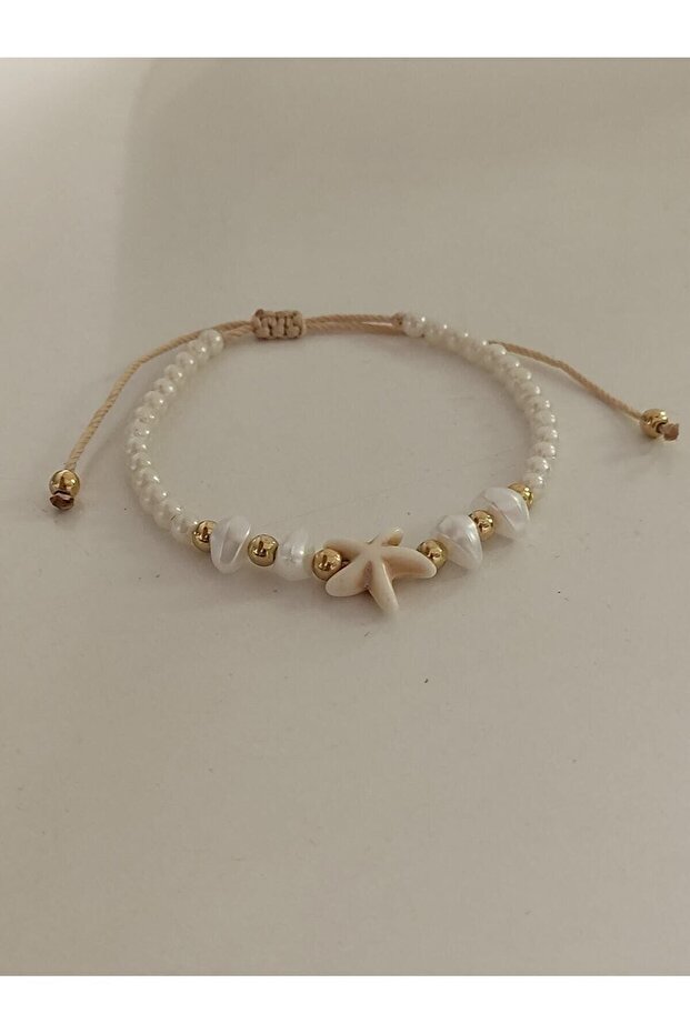 Crimped Stone Starry Gold Detailed Pearl Summer Rope Bracelet