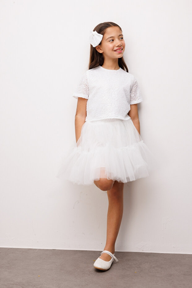 White Double Suit with Sequin Detail on Tulle Skirt - Freya