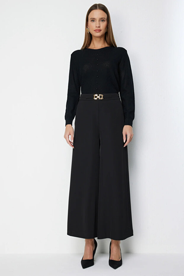 Metal Buckle Wide Leg Pants Black