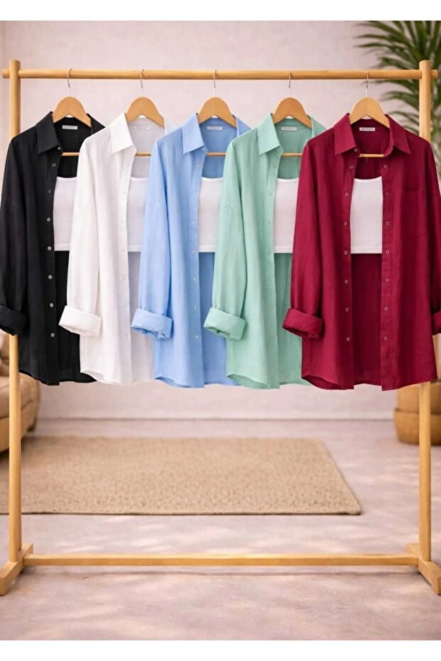 Women's Black, White, Blue, Mint Green, Burgundy Cotton Oversize Linen Single Pocket Casual Shirt
