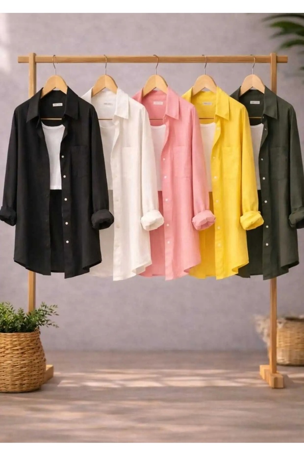5-Pack Women's Black, White, Pink, Yellow, Khaki Cotton Oversize Linen Single Pocket Comfortable Shirts