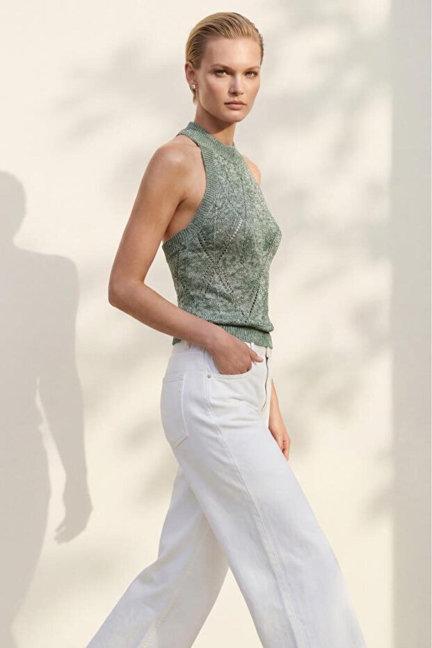 Halter Neck Openwork Green Blouse - 3