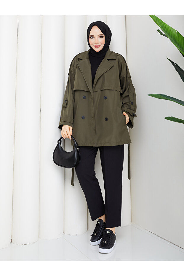 Button Detailed Belted Oversize Bondit Trench Coat Rc803107