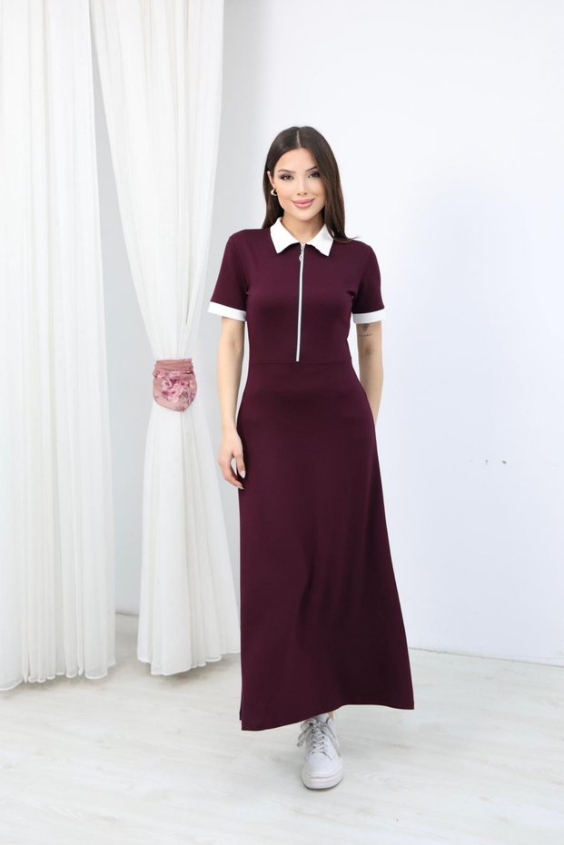 Women's Polo Collar Zipper Detailed Plum Dress