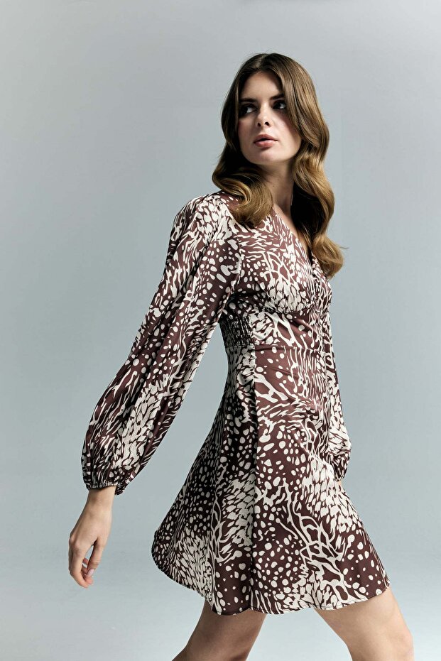 Patterned Mini Dress - Brown - 3