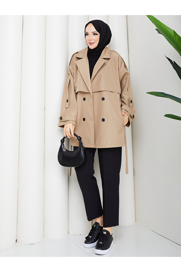 Button Detailed Belted Oversize Bondit Trench Coat Rc803107