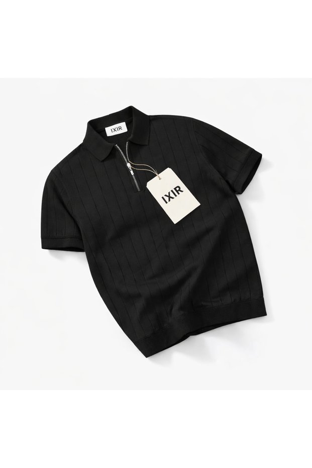 Men's Short-Sleeved Textured Zippered Polywool Summer Knitwear T-Shirt High Quality Legendary Model T-Shirt