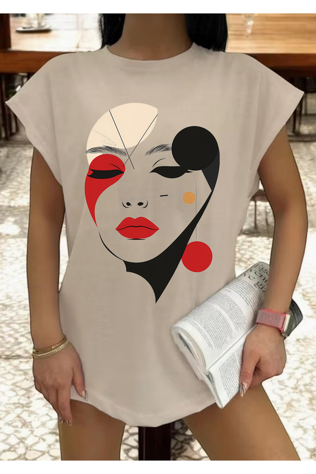 Abstract Woman's Face Printed Sleeveless Oversize Zero Sleeve Women's Tshirt