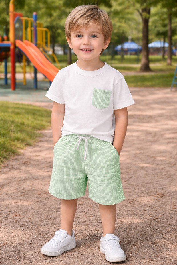 Boys' Summer Shorts Set 3-9 Years Old Cotton Striped Shorts Pocket T-Shirt Set of 2