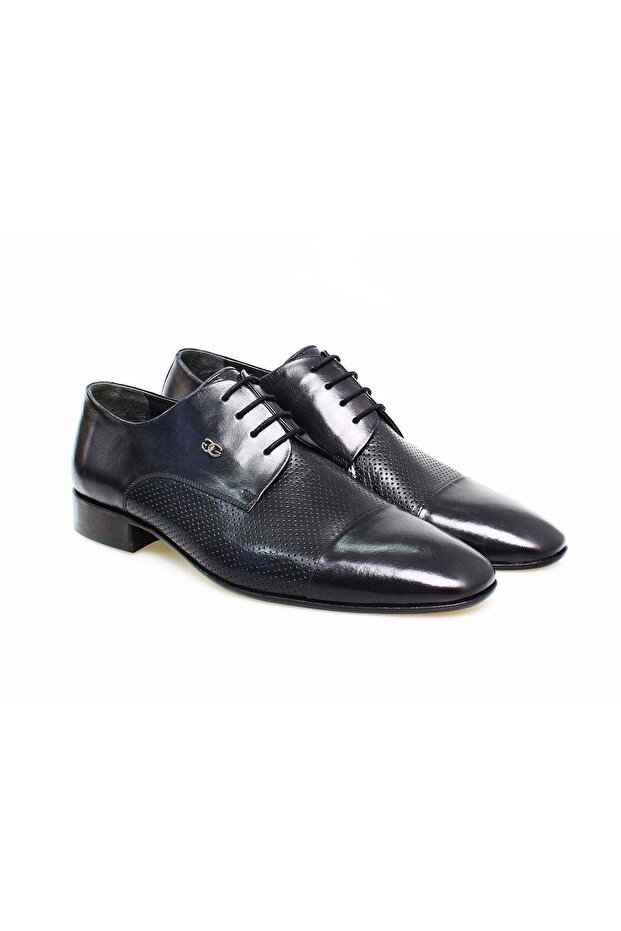 Dark Blue Color Lace-Up Genuine Leather Men's Shoes