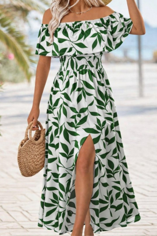 Women's Madonna Collar Patterned Long Single Jersey Dress with Slit Detail