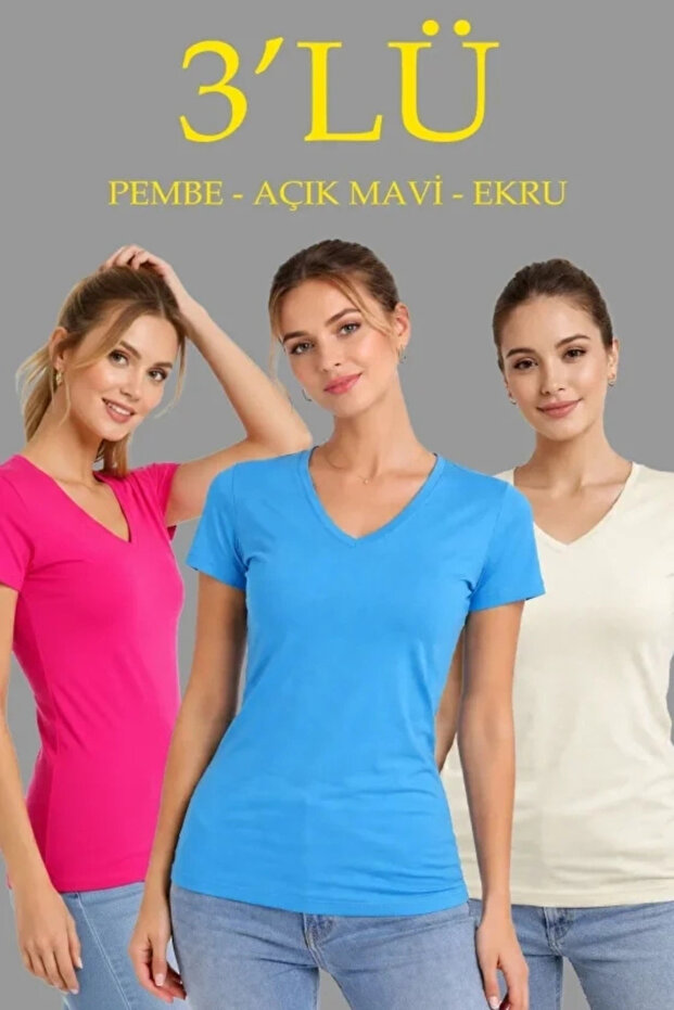 3-Pack V-Neck T-Shirts – Short Sleeve Summer Slim Fit Bodysuits - Pink, Light Blue, Ecru