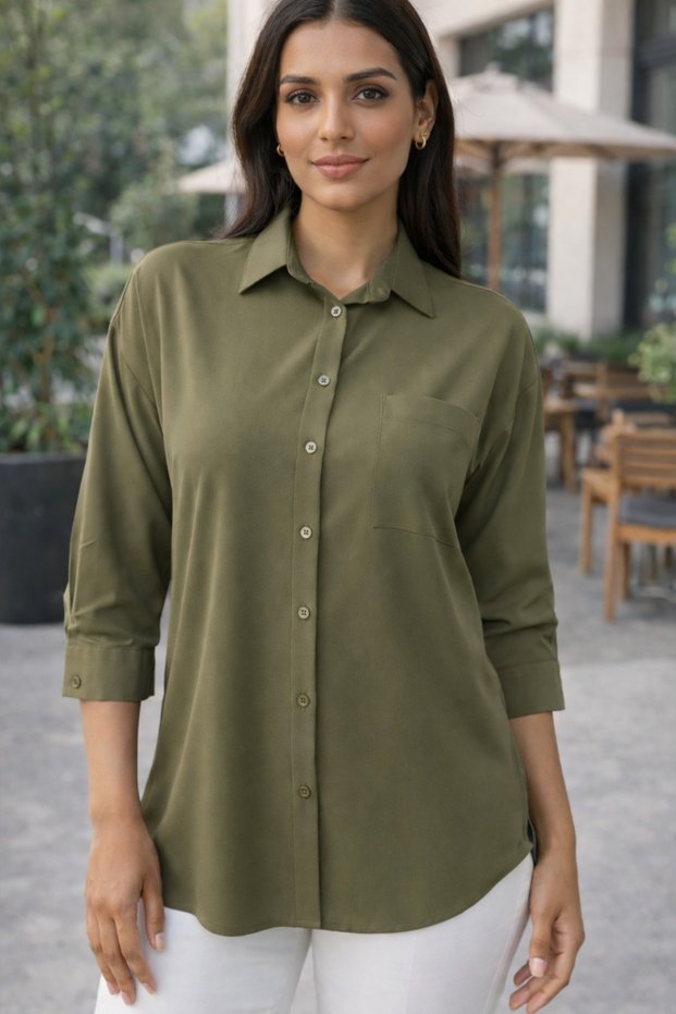 Women's Classic Collar Half Sleeve Buttoned Pocket Detailed Comfortable Fit Casual Khaki Shirt