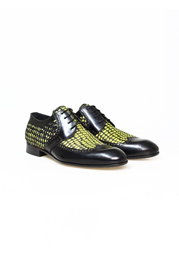 Black Color Lace-Up Genuine Leather Green Braided Men's Shoes
