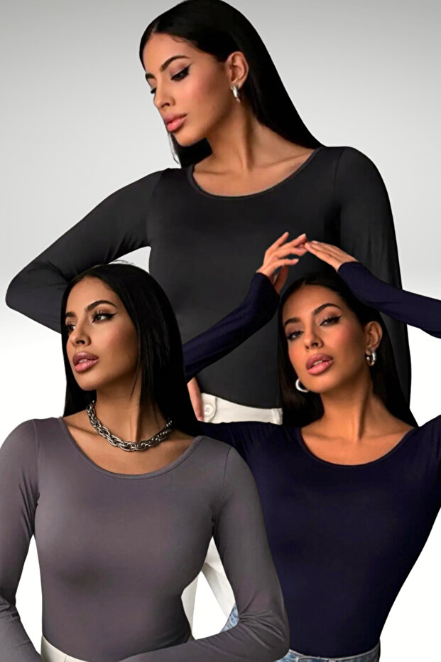 Women's 3-Piece Navy Blue Gray Anthracite Princess Collar Bluz