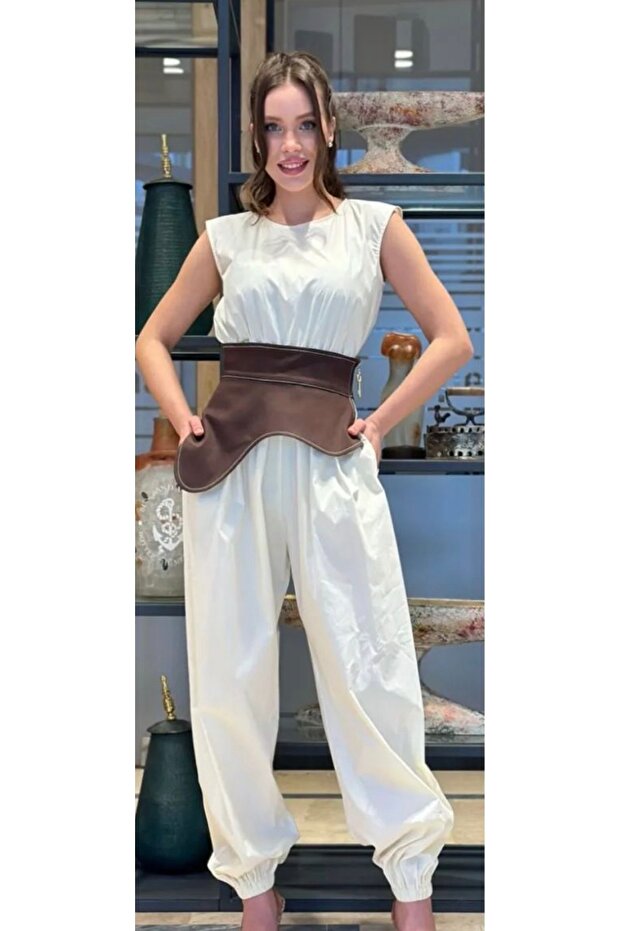 Ecru Color Gathered Sleeveless Jumpsuit (Stylish Model with Belt)