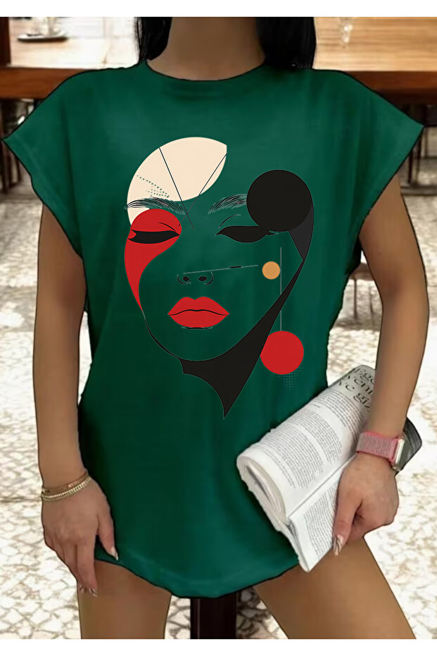 Abstract Woman's Face Printed Sleeveless Oversize Zero Sleeve Women's Tshirt
