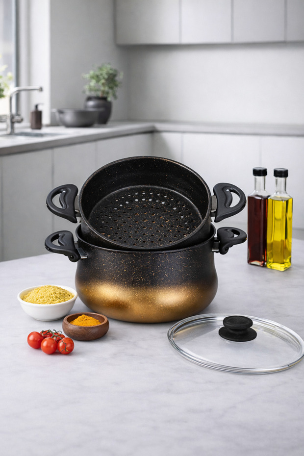 Naturasteam Couscous Pot Granite Steam Pot Set – with Strainer, Glass Lid, Multi-Purpose