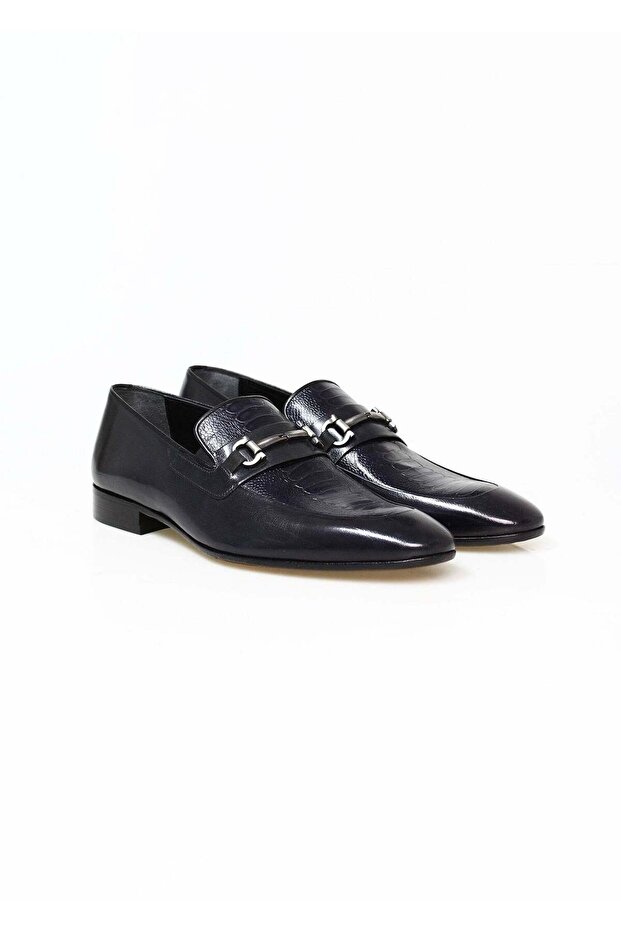 Dark Blue Color Laceless Genuine Leather Men's Shoes