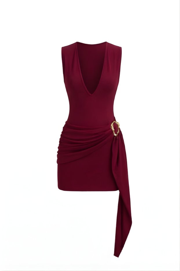 V-Neck Buckle Detailed Belted Gathering Shape Mini Dress